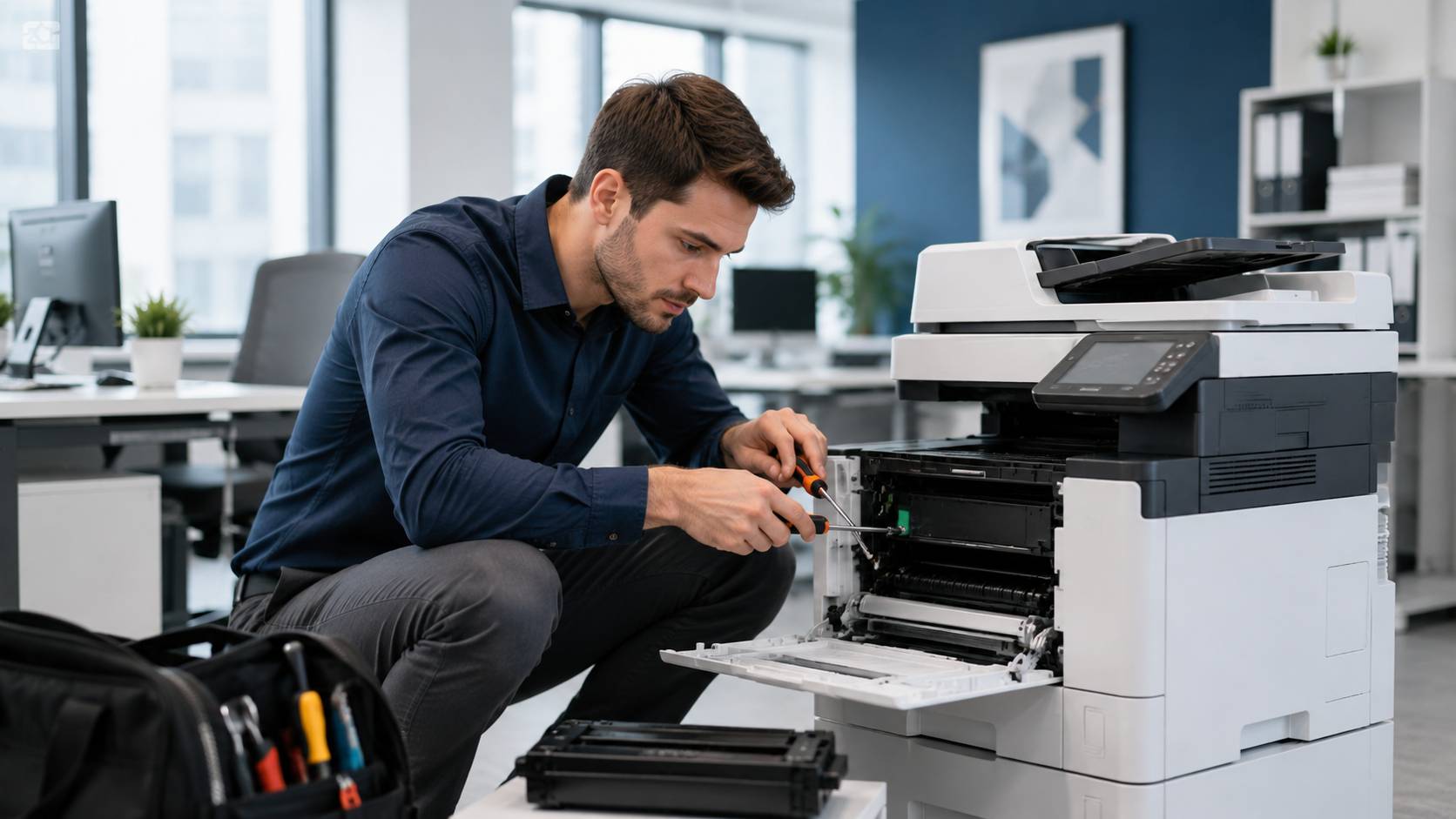Technician configuring a wireless office printer
